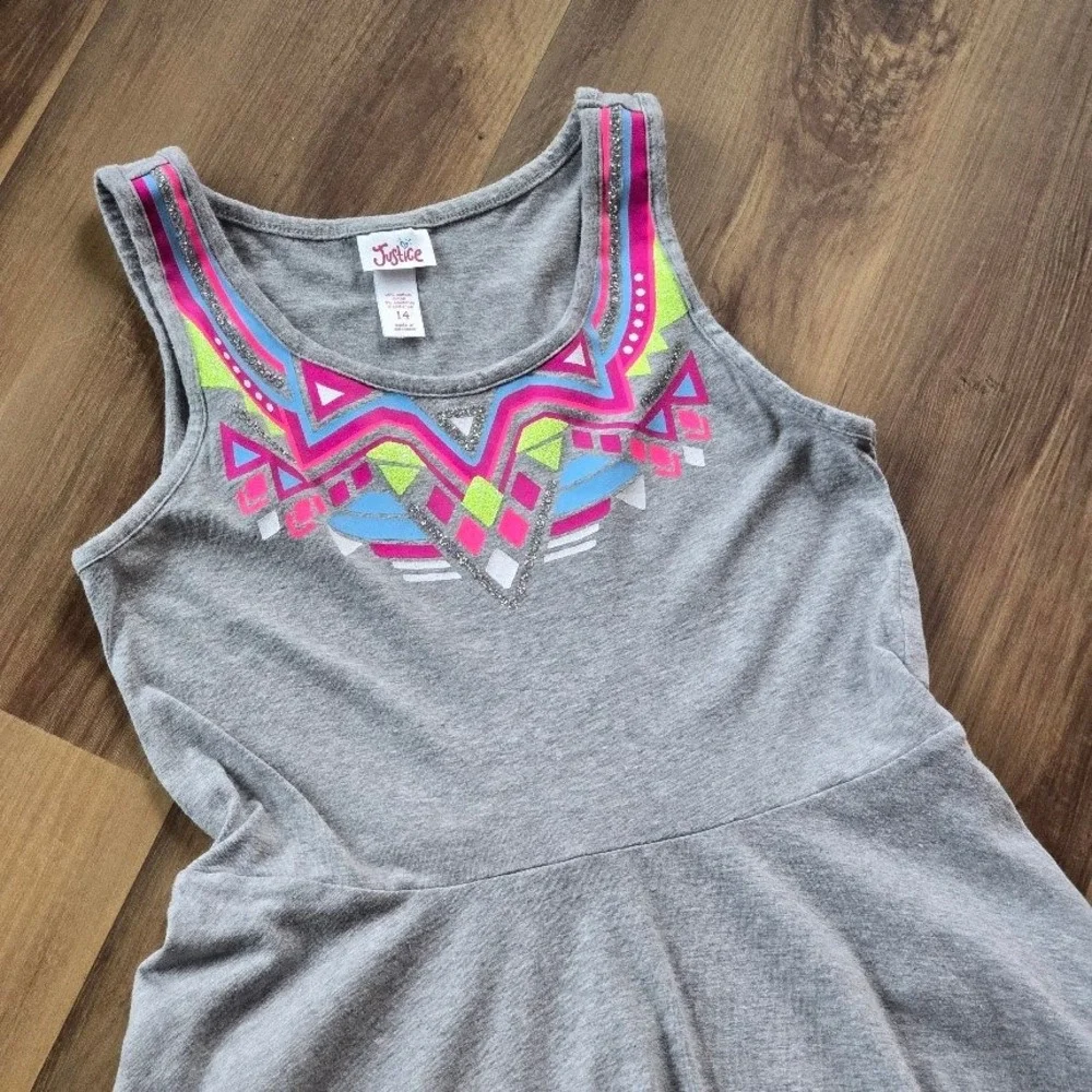 Justice Gray Skater Dress Neon Geometric Graphic Sleeveless Girls 14 Boho Casual